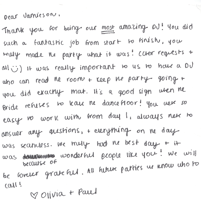 Handwritten thank-you note after a Windermere House wedding